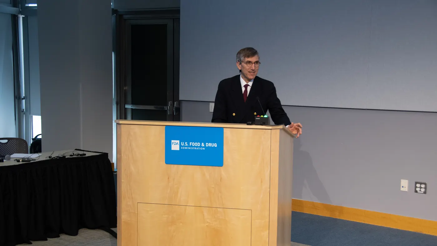 A photo of FDA CBER Director Peter Marks delivering remarks at a public workshop on March 3, 2020.