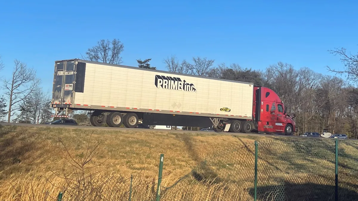 A Prime trailer is hauled southbound on I-95 in March 2023.