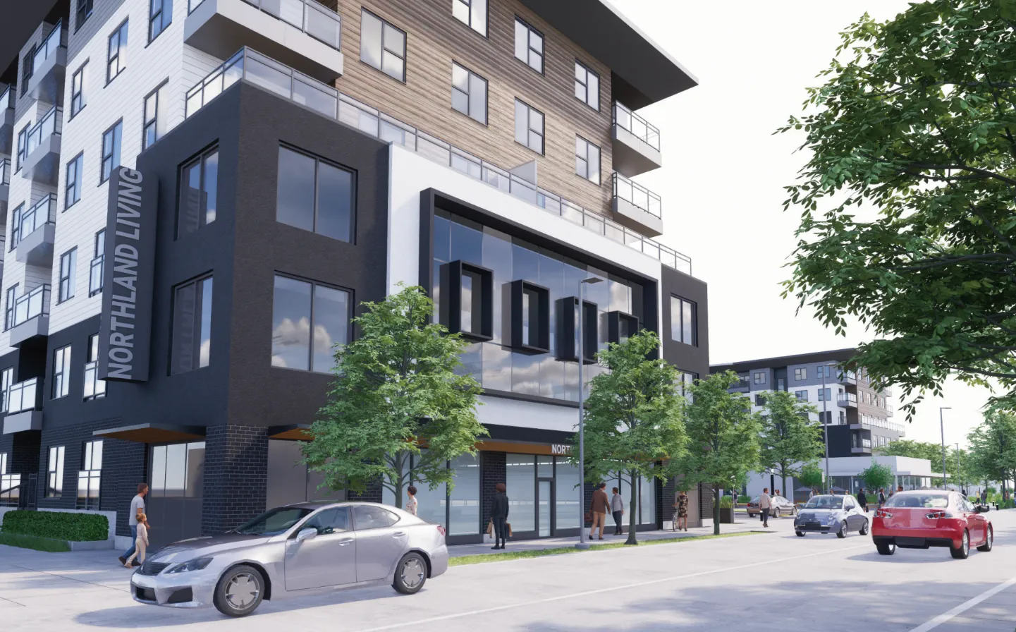 A rendering of a mid-rise apartment building labeled "Northland Living".