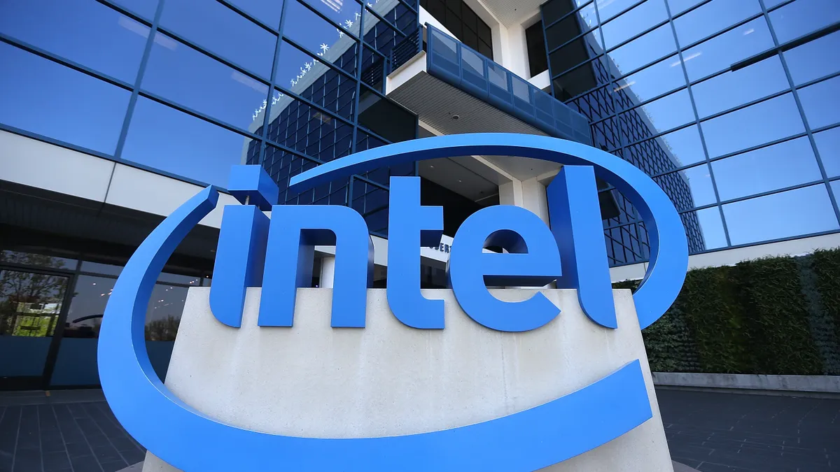 The Intel logo is displayed outside of the Intel headquarters