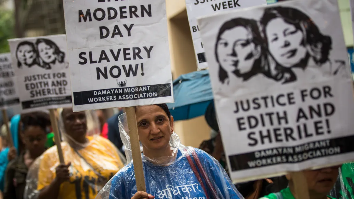 Activists marching to protest modern slavery.