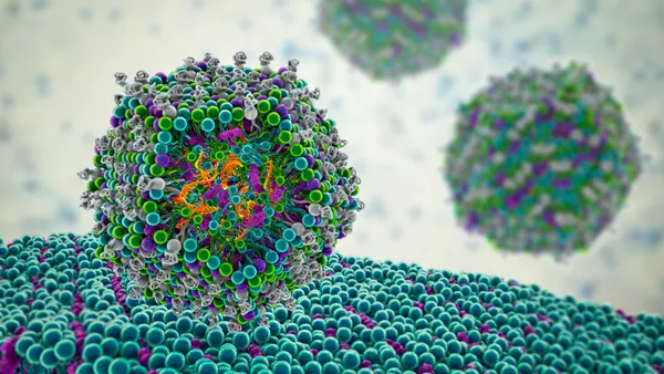 Illustration of a lipid nanoparticle carrying messenger RNA into a human cell, the biotech behind Moderna's game-changing flu vax