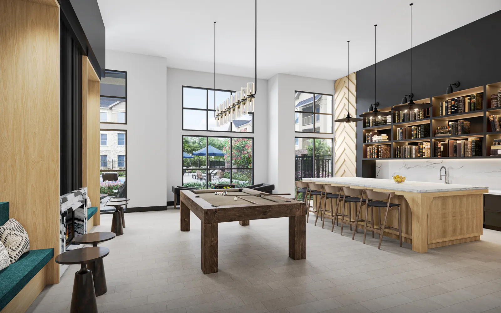 A lounge room with a pool table in the middle.