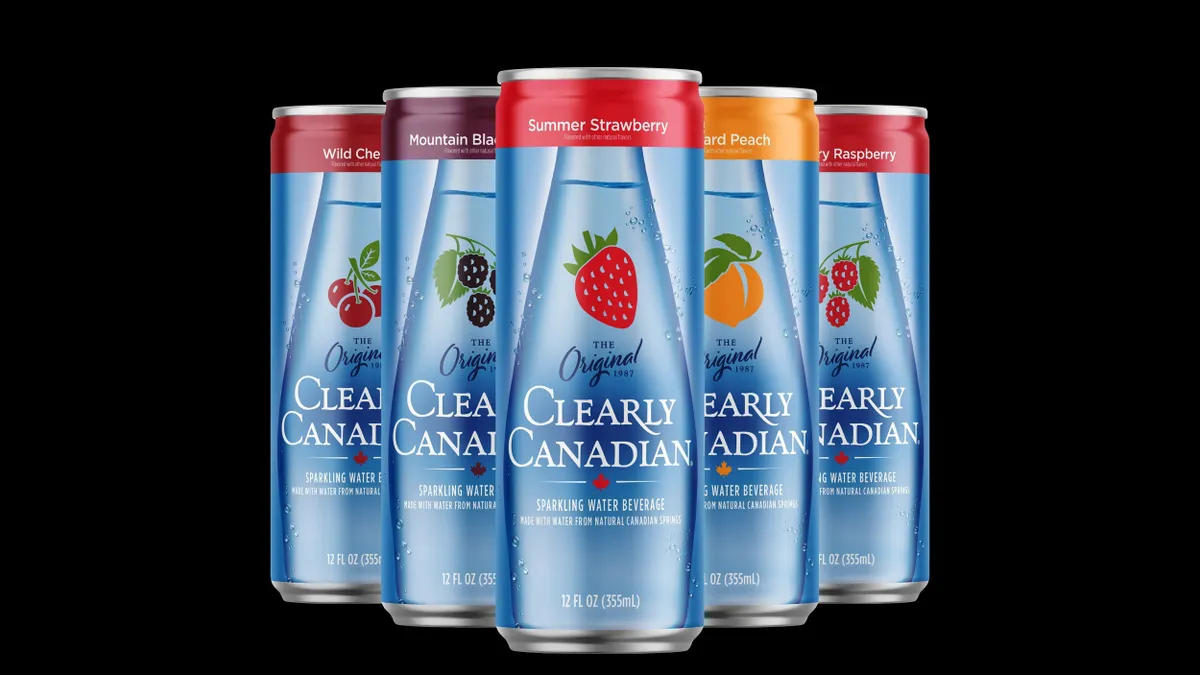 Five multicolored cans of Clearly Canadian sparkling water