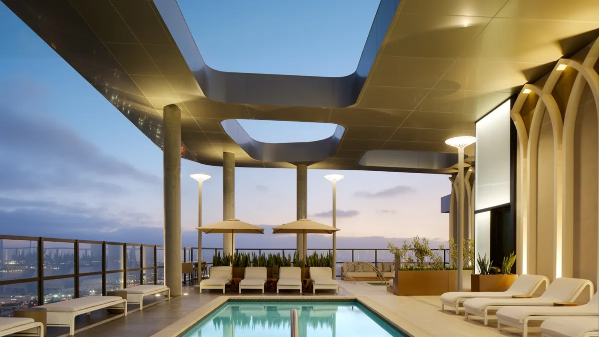 An outdoor pool at an apartment building.