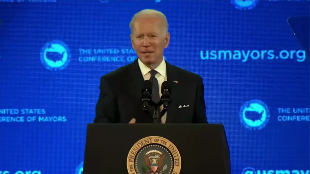 President Joe Biden addresses the U.S. Conference of Mayors at the group's annual winter meeting.