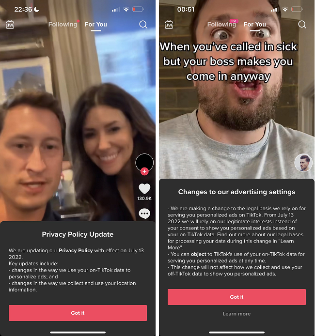 TikTok data privacy notifications