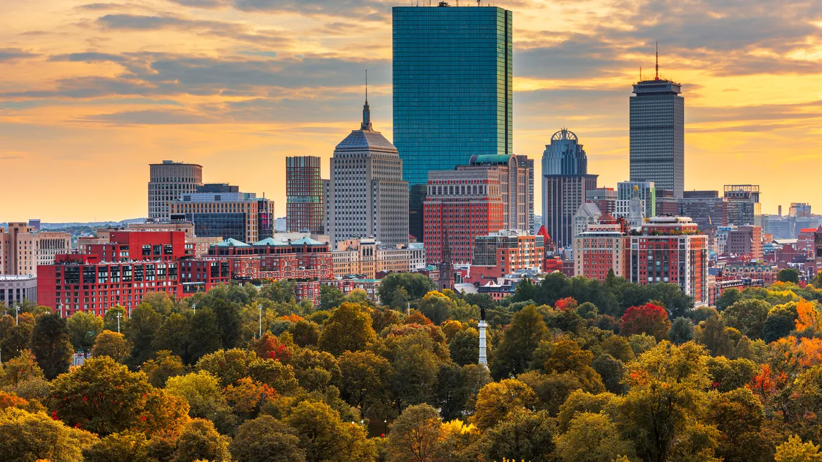 Boston, Massachusetts, USA skyline over Boston Common.