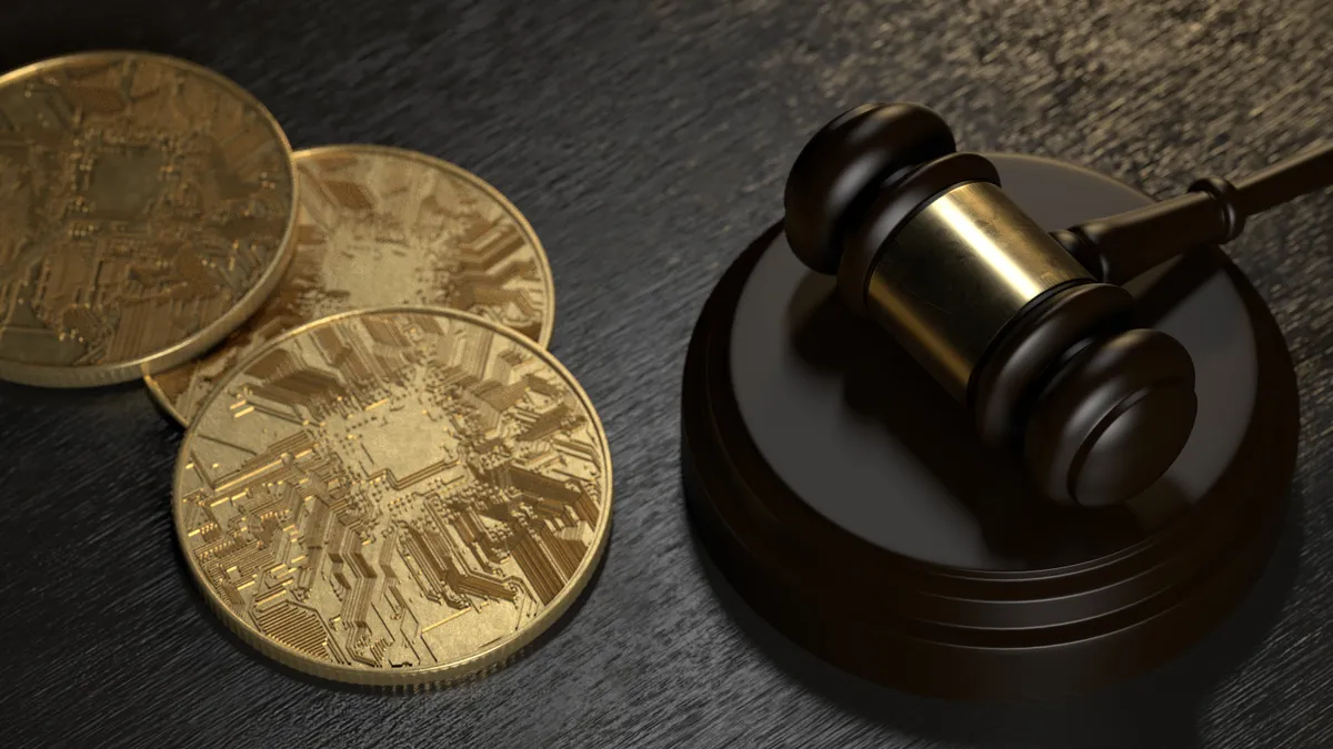 Cryptocurrency tokens lying next to a gavel