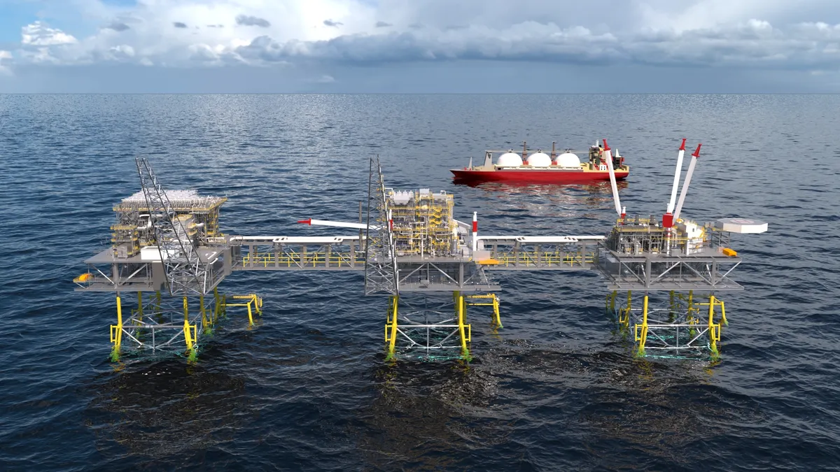 Photo shows a midscale LNG plant installed on three fixed jacket offshore platforms.