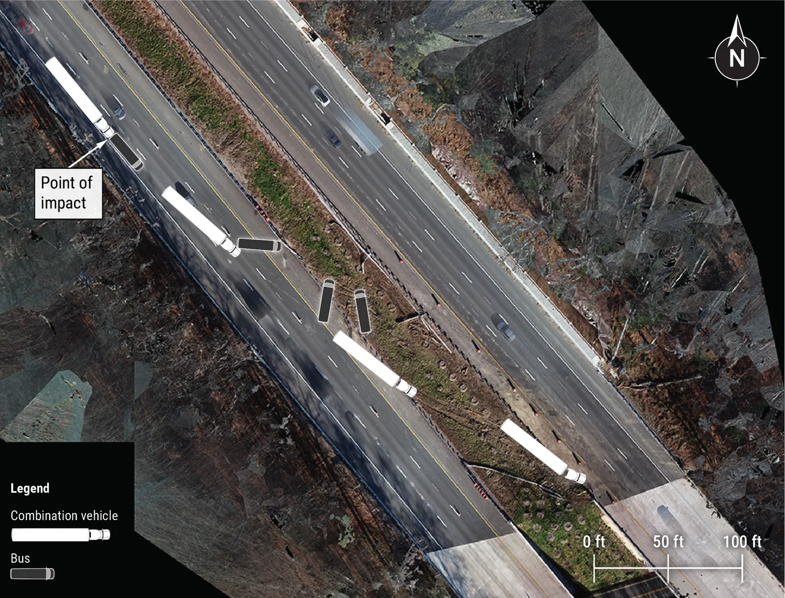 An overhead view of the crash showing where the initial impact occurred on an interstate lane and where the bus and tractor-trailer came to a rest.