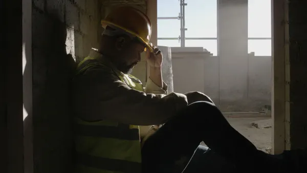 A construction worker sitting on the ground and looking sad.