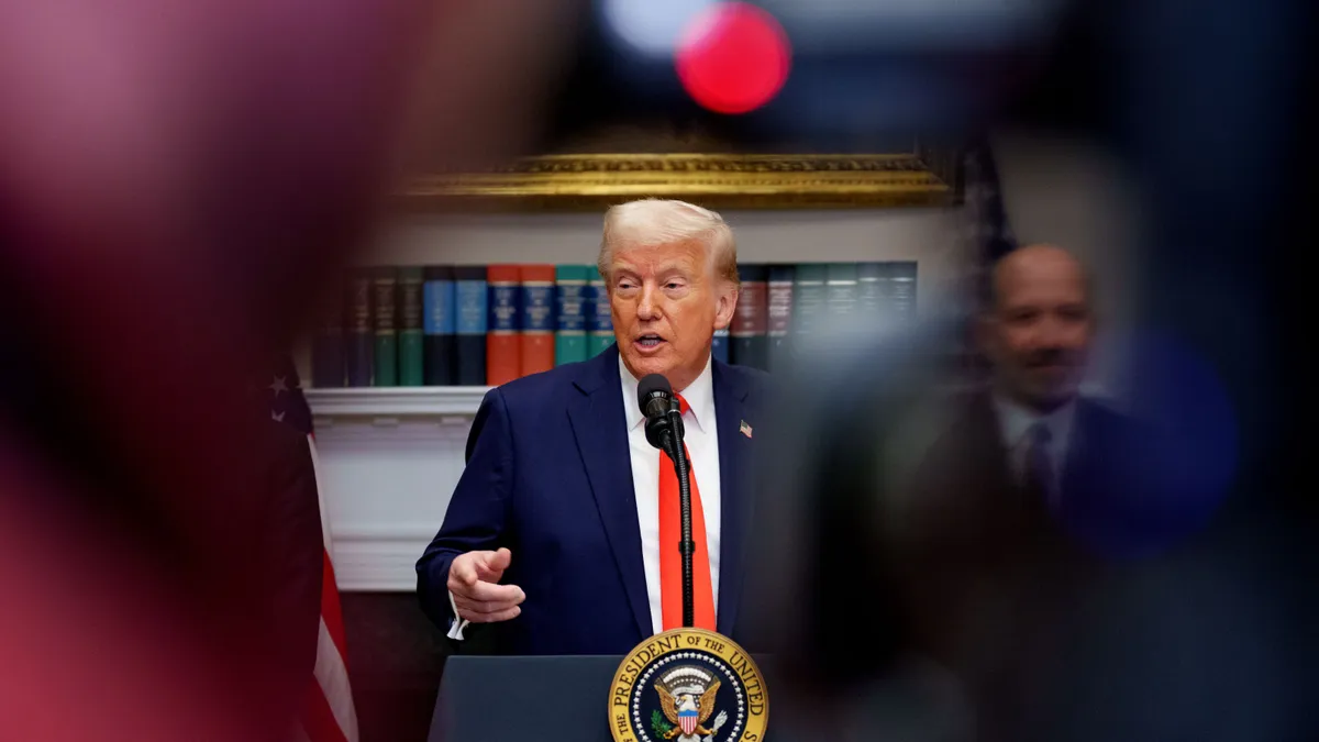 President Donald Trump addresses reporters during a press briefing at the White House on March 3, 2025.