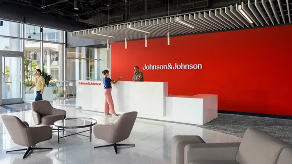 an interior shot of johnson and Johnson corporate lobby featuring signage