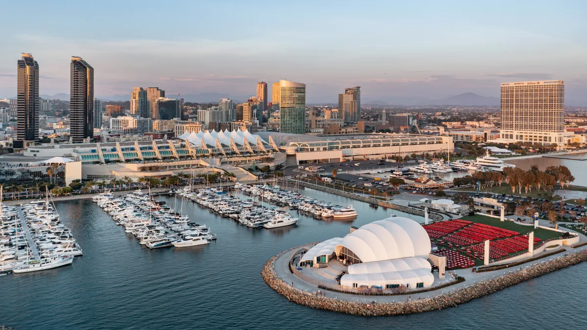 An aerial view of the San Diego Convention Center at sunset.