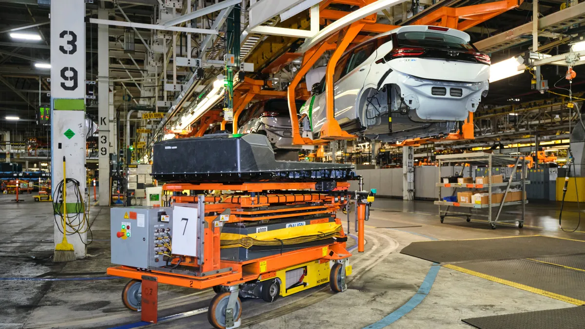 Battery packs for the 2022 Chevrolet Bolt EV on the production line on at GM's Orion Assembly Plant in Michigan.