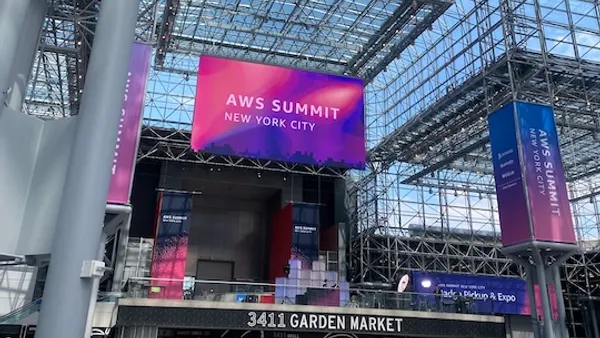 A banner for the AWS NYC Summit hangs in the Javits Convention Center on June 17, 2026 in New York City.