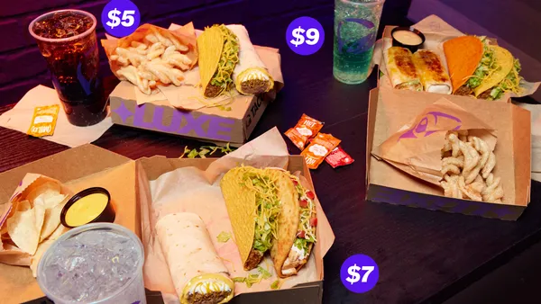 Taco Bell's $5, $7 and $9 luxe boxes. Each combo meal contains several items, a side and a drink.