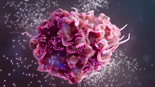An illustration of a macrophage releasing cytokines.