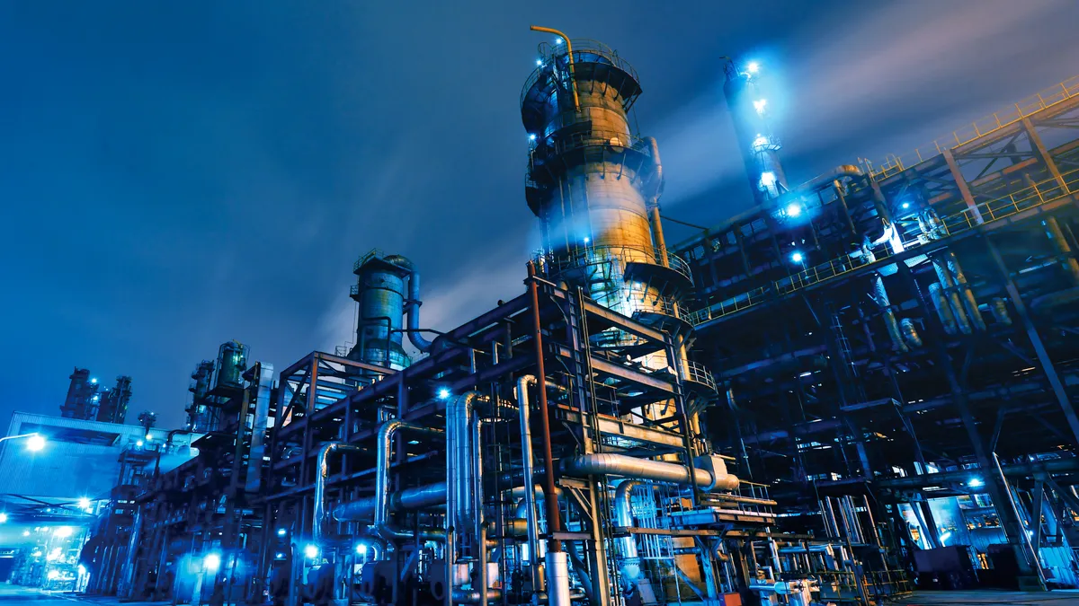 A petrochemical plant at night.