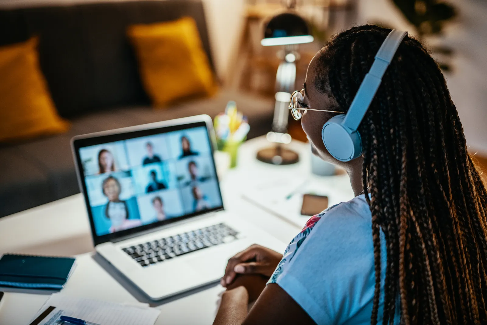 Group of unrecognisable international students having online meeting