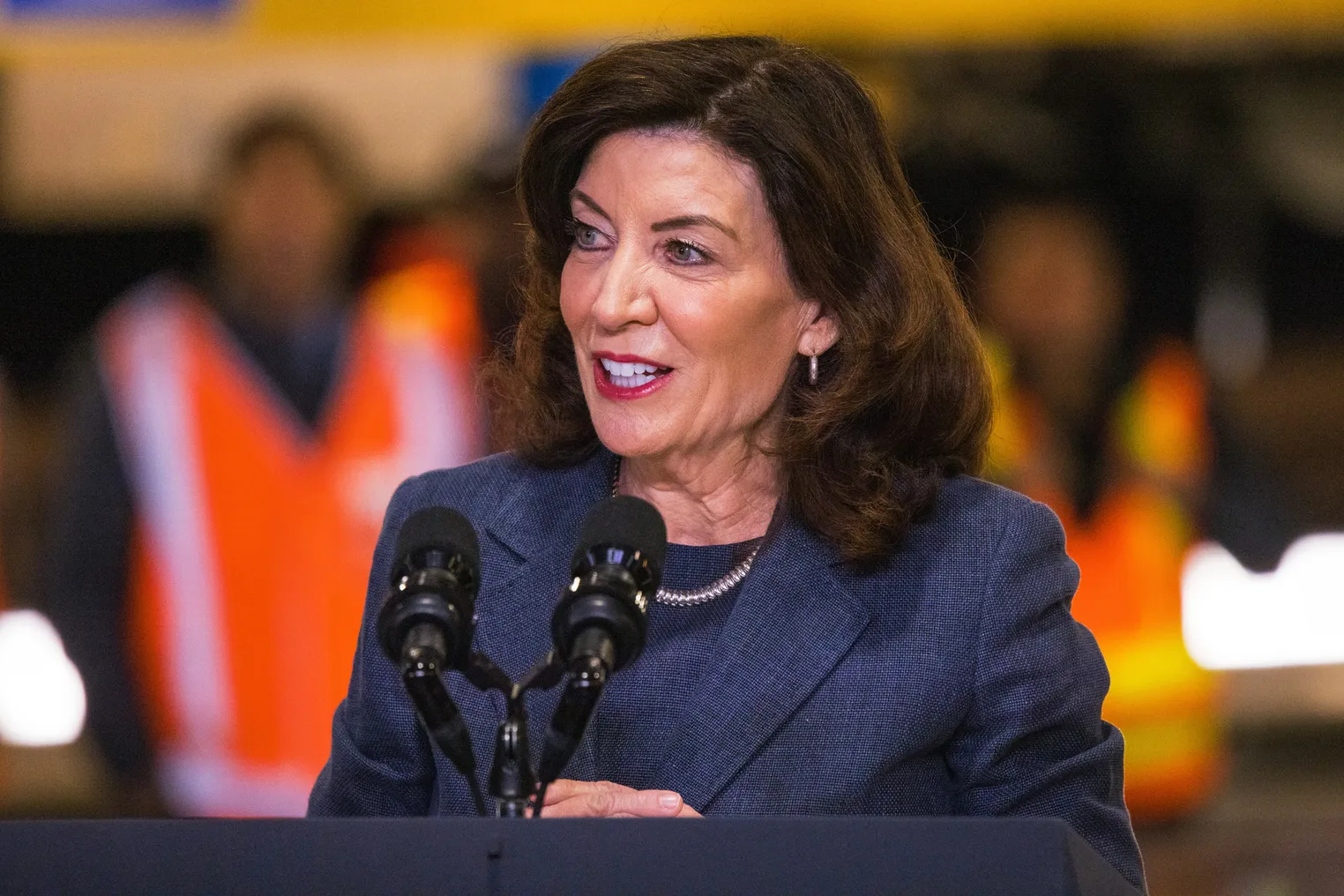 New York Gov. Kathy Hochul gives a speech on the Hudson River tunnel project at the West Side Yard on January 31, 2023 in New York City.