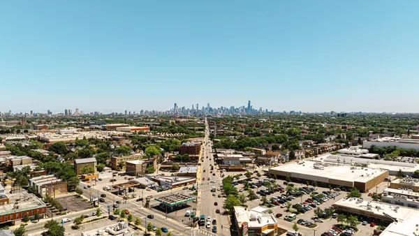 The Chicago skyline in the background with the diagonal stretch of Elston Avenue in the foreground.