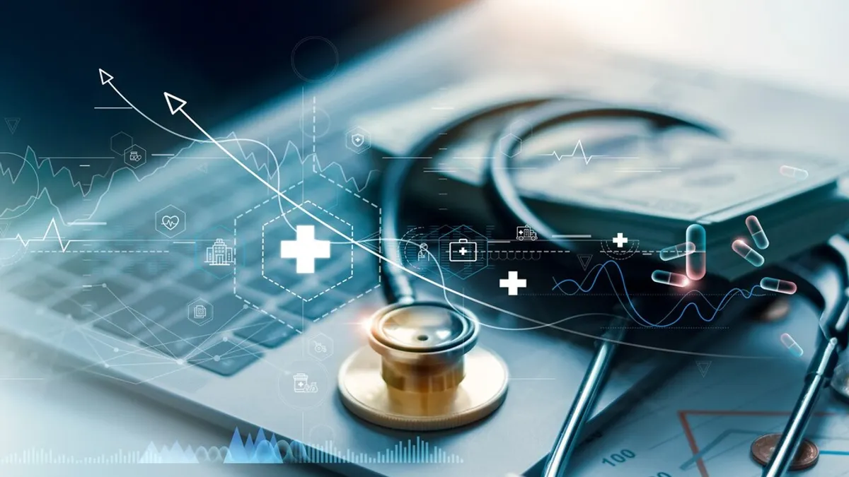 Healthcare business graph and data of Medical business growth and gold stethoscope of doctor on laptop.