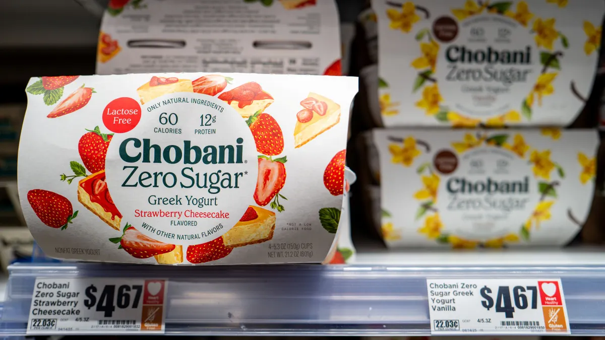 Chobani yogurt is pictured in a grocery display case.