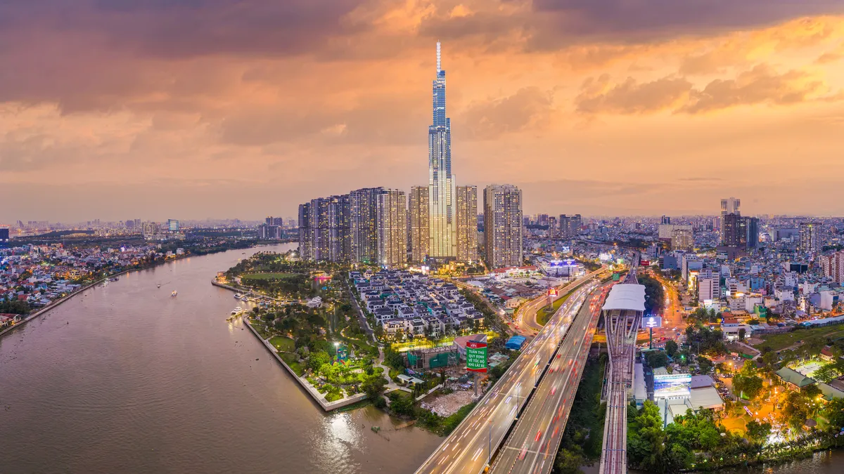 The skyline of Ho Chi Minh City, Vietnam, at sunset