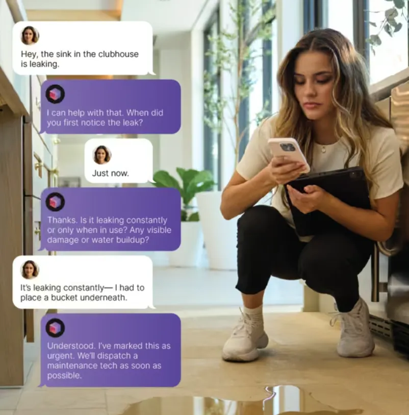 A person crouches by a puddle of water. Text messages they are sending are pictured on the side of the image.