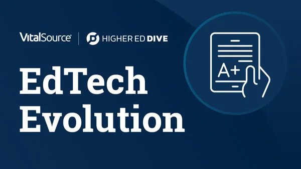 Podcast cover image featuring the title "EdTech Evolution" with logos for VitalSource and Higher Ed Dive, and an icon of a digital grade report.