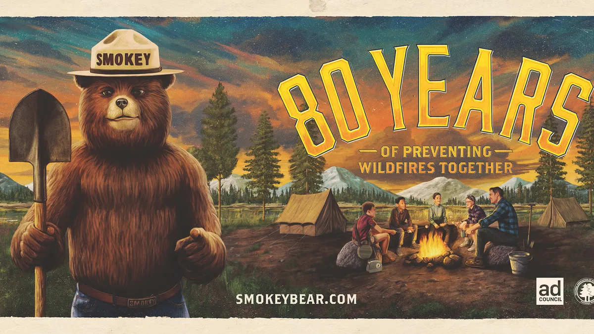 A 1950s poster of Smokey Bear as part of the wildfire prevention campaign's 80th anniversary celebration.