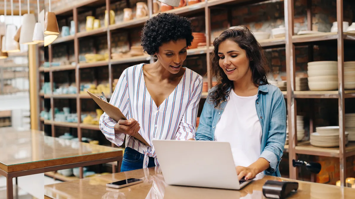 Two young shop owners using a laptop in their store