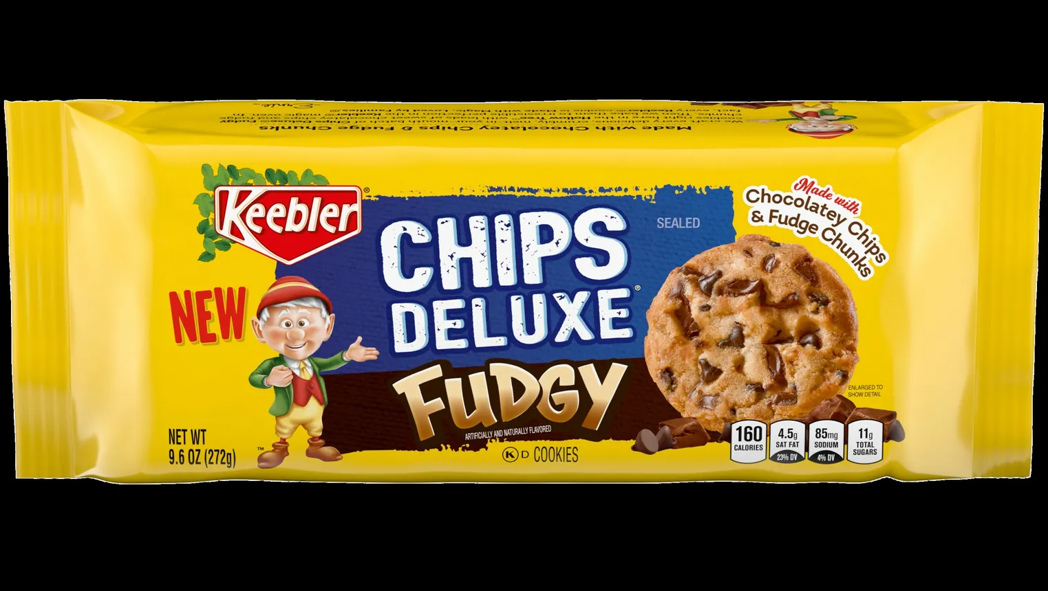 A yellow package of Chips Deluxe Fudgy cookies on a black background