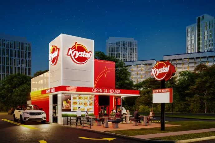 An image of a white and red restaurant with Krystal on the signage