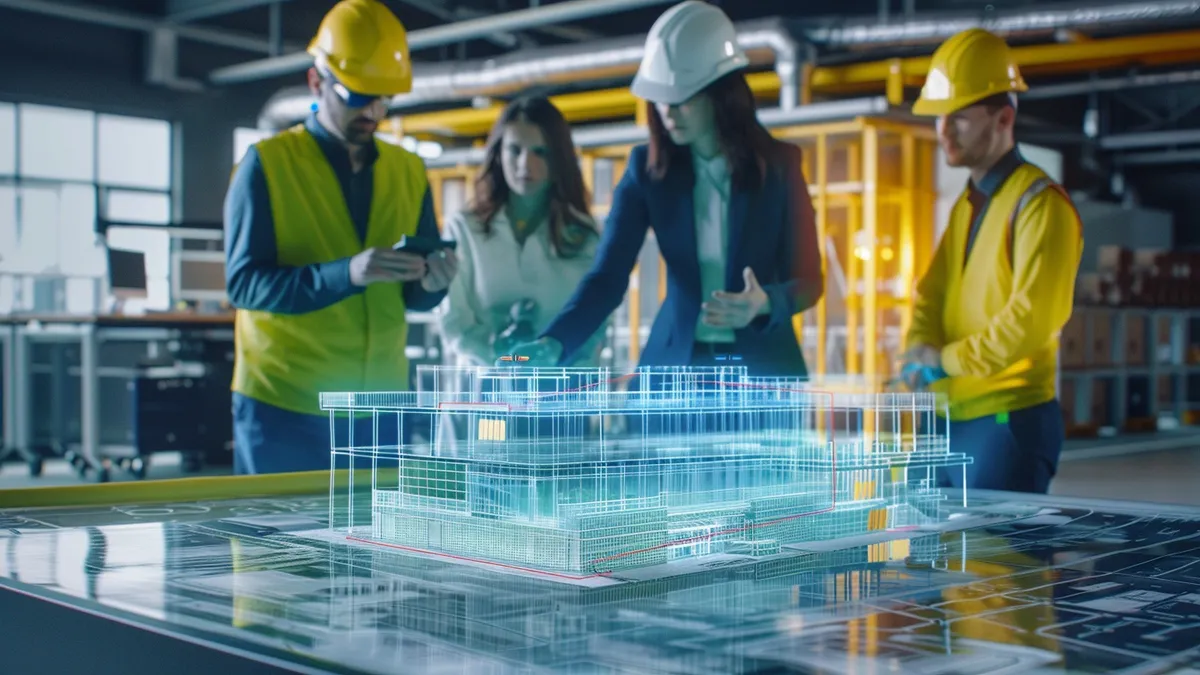 A group of construction workers with safety hats survey a holographic design of a building.