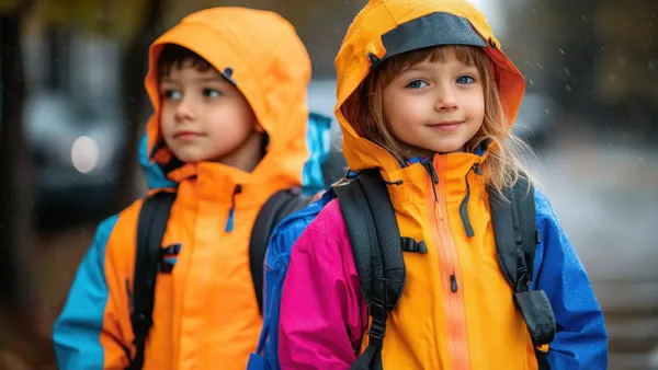 Urban, fashionable, modern children in neon vivid colors autumn jackets and raincoats ready for the first day of school, the time has come to gain knowledge.