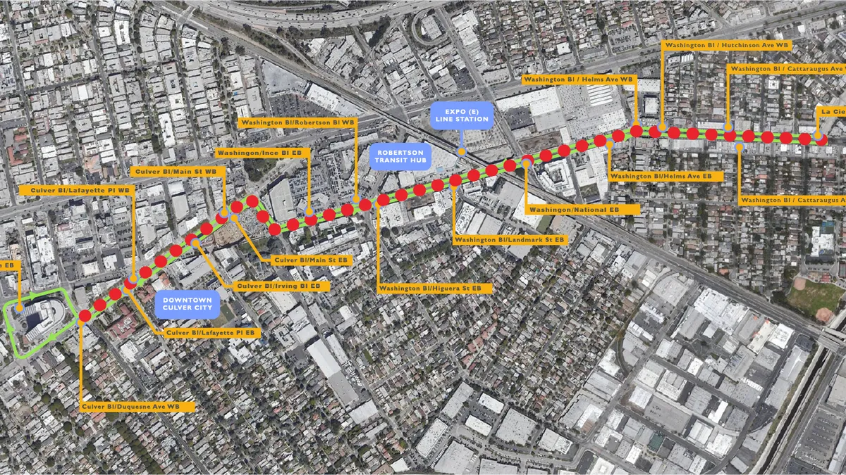 An overhead map of Culver City indicating phase 1 of the Move Culver City project with a green and red line where bus lanes and bike lanes were being tested.