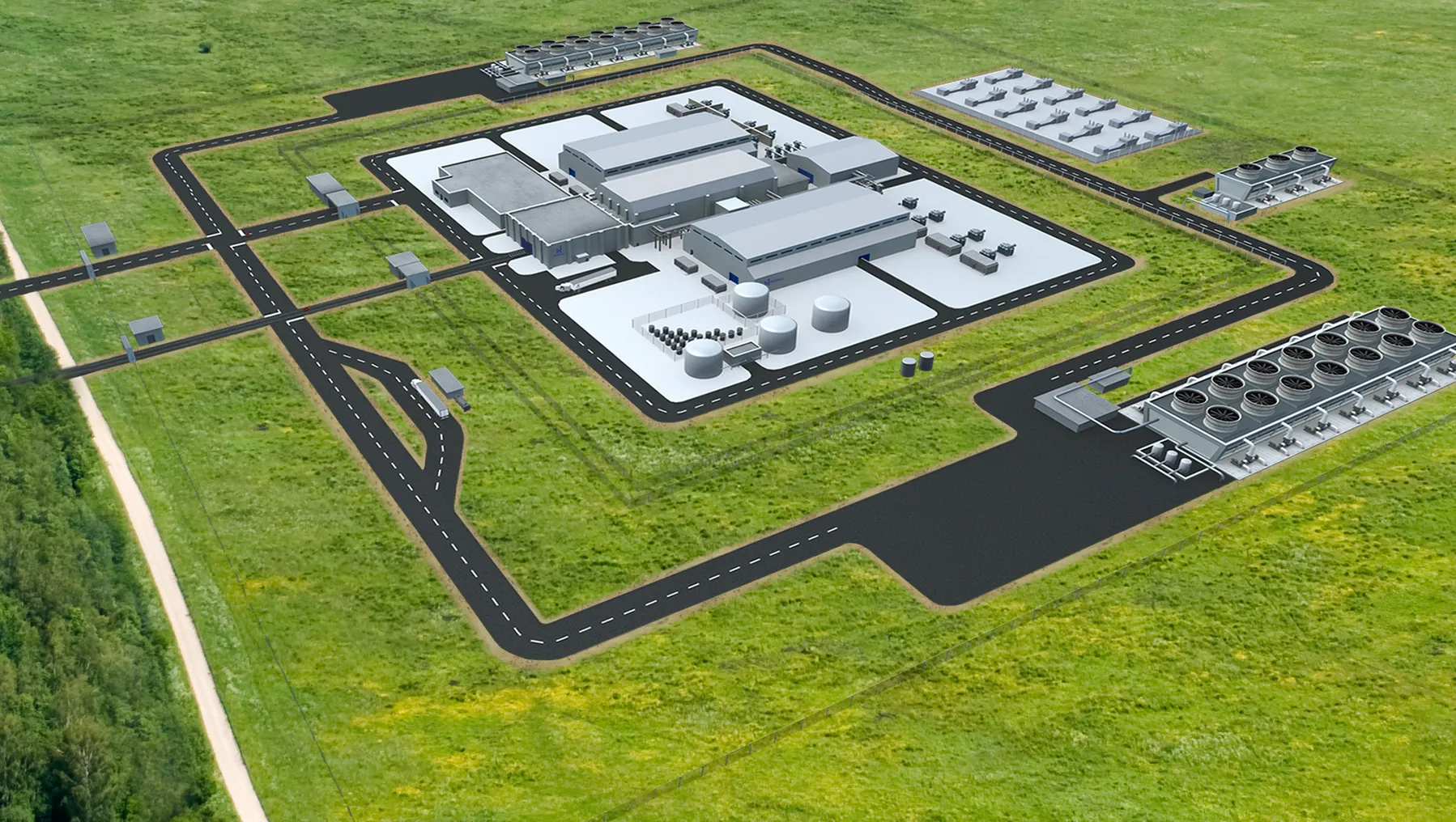 An illustration of a NuScale Power plant layout from 1000ft view