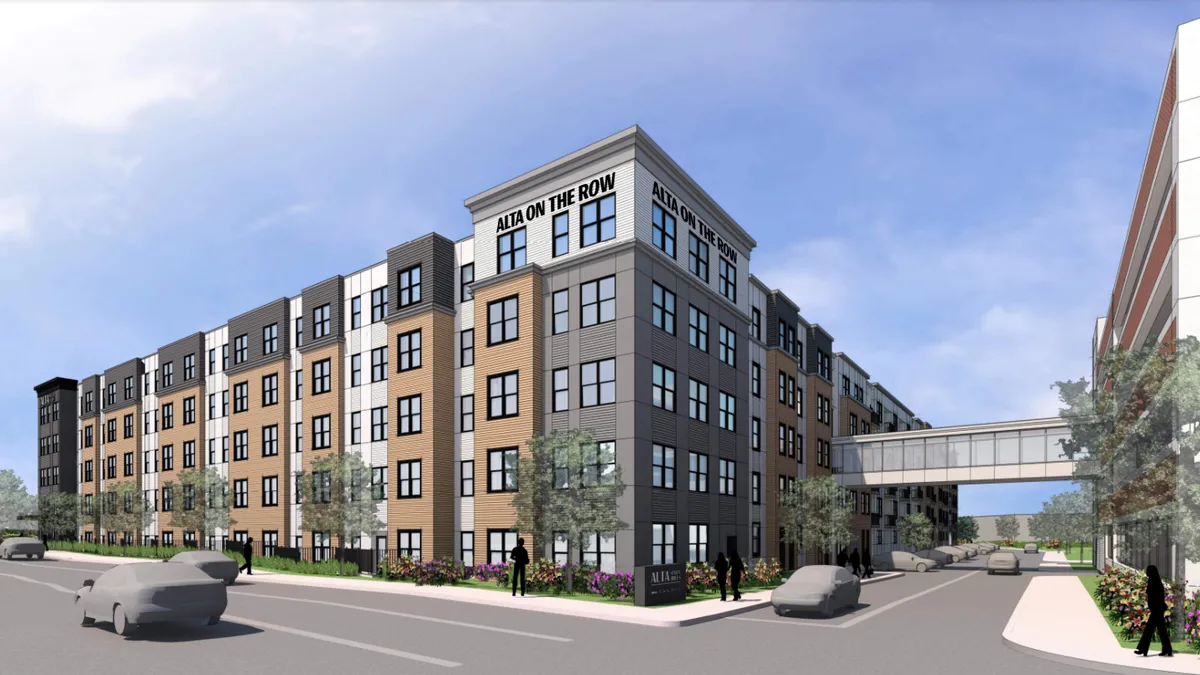 An illustration of a square, modern apartment building with a sky bridge to the building next door.