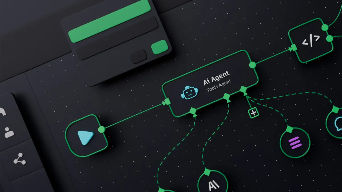 A green and black dashboard shows an AI agent system workflow with arrows indicating the node triggers and flow processes.