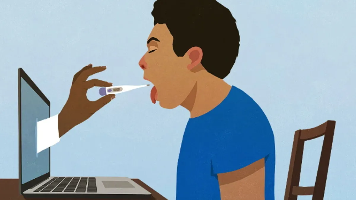 Man sitting at computer, speaking with a healthcare provider.