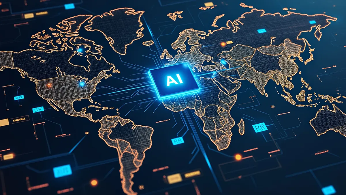 AI chip map global network digital circuit graphic