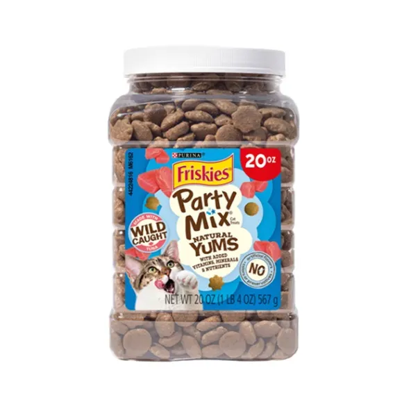 A clear plastic container of pet treats with branding for Nestlé Purina's Friskies.