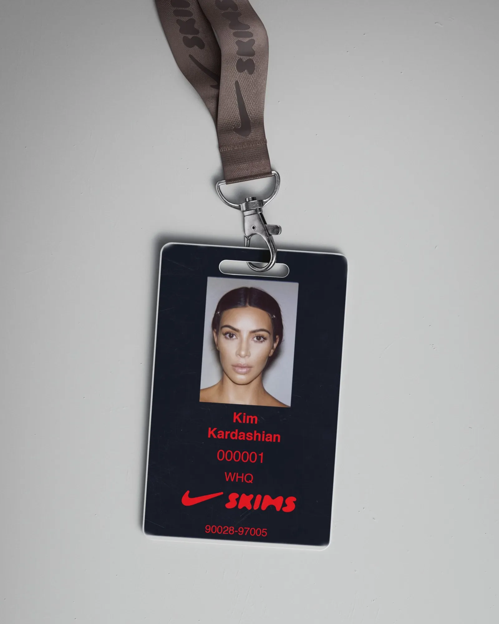 A Nike employee badge featuring Kim Kardashian.