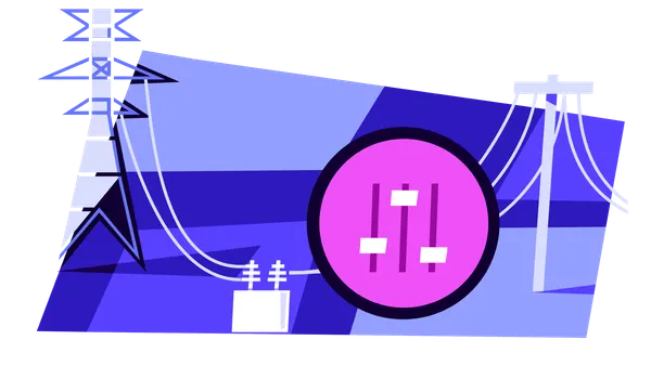 Power grid with two power lines that connect to a box in the middle