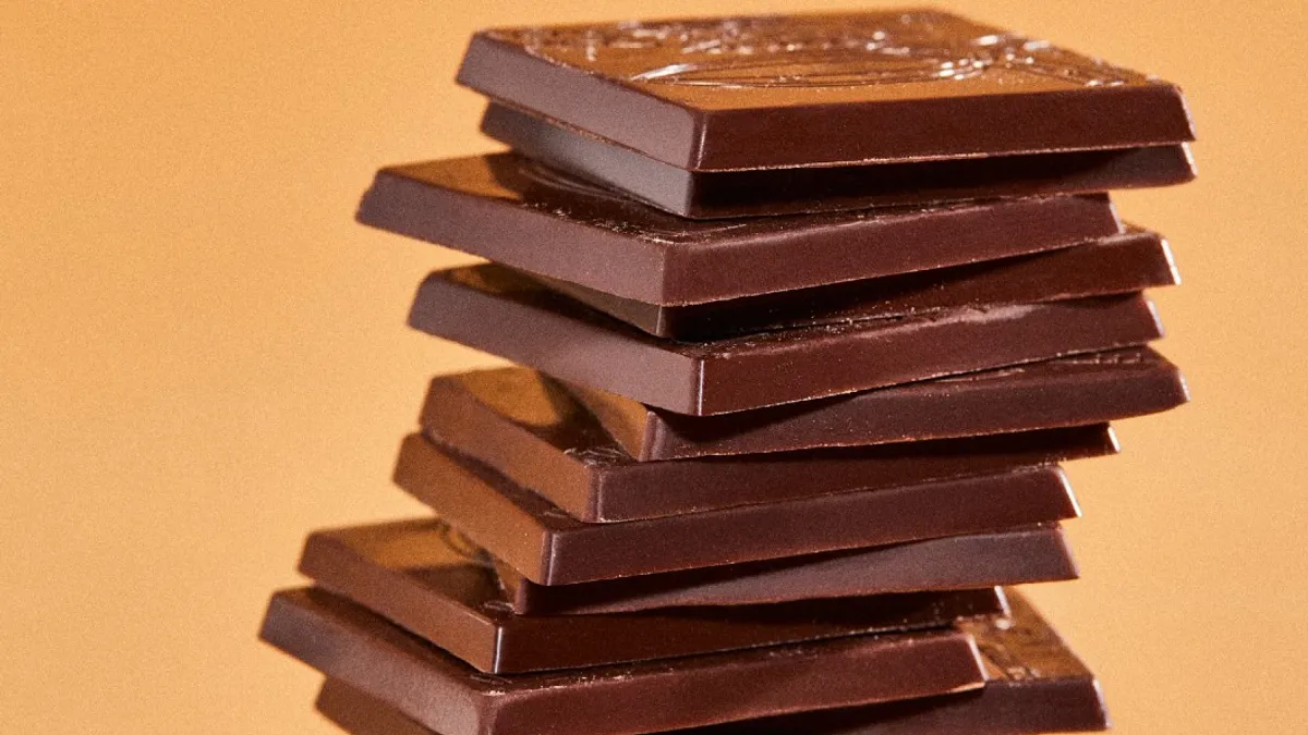 A stack of chocolate made without cacao beans by Voyage Foods