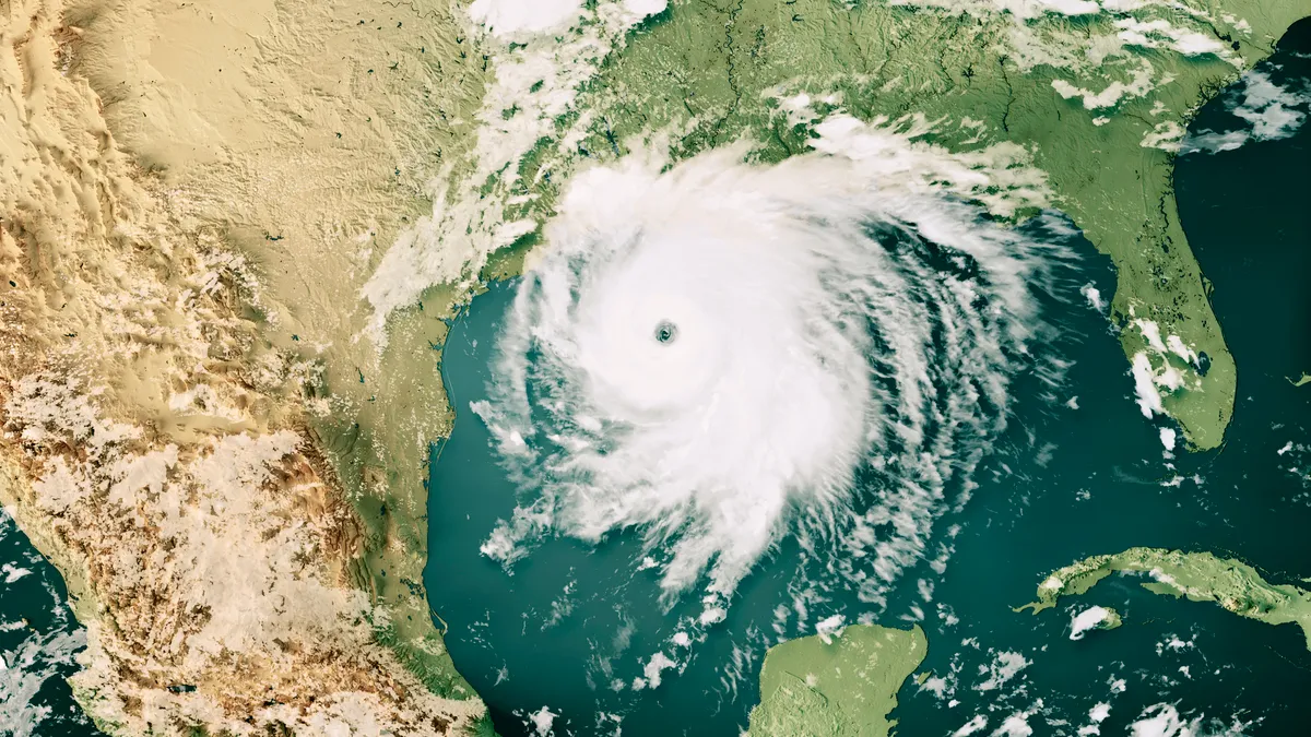 A 3D rendering of a topographic Gulf of Mexico map with the clouds over the state of Louisiana.