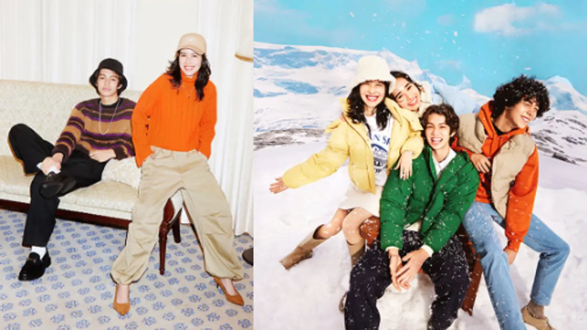 Side by side pictures. On the left two people sit on a couch, both wearing hats, sweaters and pants. On the right a group of four people are outdoors in snow wearing jackets.